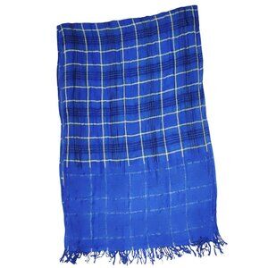 Vintage Bass Plaid Scarf Wrap Blue Yellow Fringed Soft Rayon Blend 72 by 23